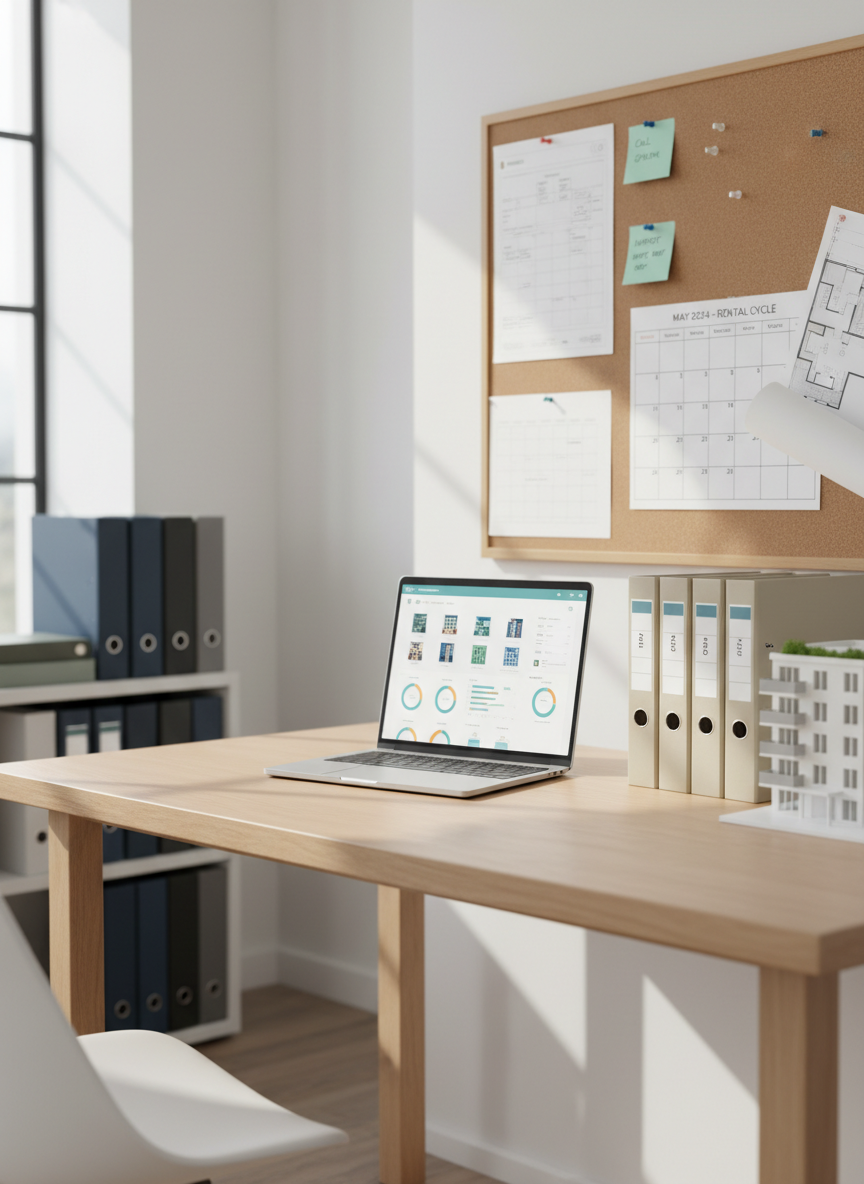 A bright, modern home office corner dedicated to rental property management, featuring a large wooden desk with a slim silver laptop open to a dashboard of apartment icons and charts. Neatly stacked folders labeled with apartment numbers and a small architectural model of a city apartment building rest beside it. A corkboard on the wall displays a printed rental calendar, color-coded sticky notes, and floor plans. Soft natural daylight enters from a nearby window, casting gentle shadows and subtle reflections on the desk surface. Photographic realism with a clean, professional aesthetic, captured at eye level with a shallow depth of field that softly blurs the background shelves filled with real estate binders, creating a calm, organized, and trustworthy atmosphere.
