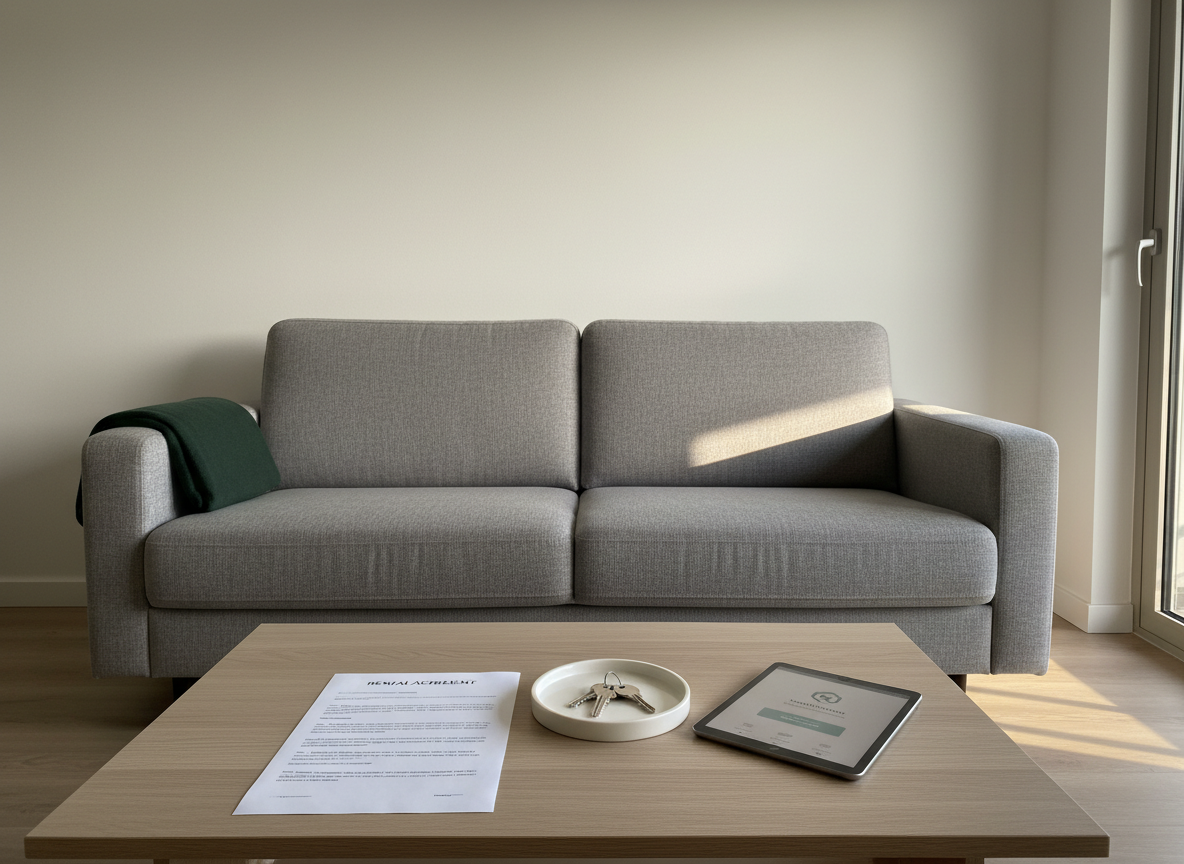 A minimalist living room of a rental apartment prepared for new tenants, with a neutral gray sofa, a light oak coffee table, and a single, carefully placed dark green throw blanket. On the table lies a printed rental agreement, a set of shiny silver apartment keys on a small ceramic tray, and a tablet displaying a property management app. The space is flooded with soft afternoon light from an unseen balcony door, highlighting the textures of the fabric and wood while leaving the far wall slightly in shadow. Photographic realism, shot from a slightly elevated angle with balanced composition, conveys a sense of readiness, professionalism, and attention to detail in rental management.
