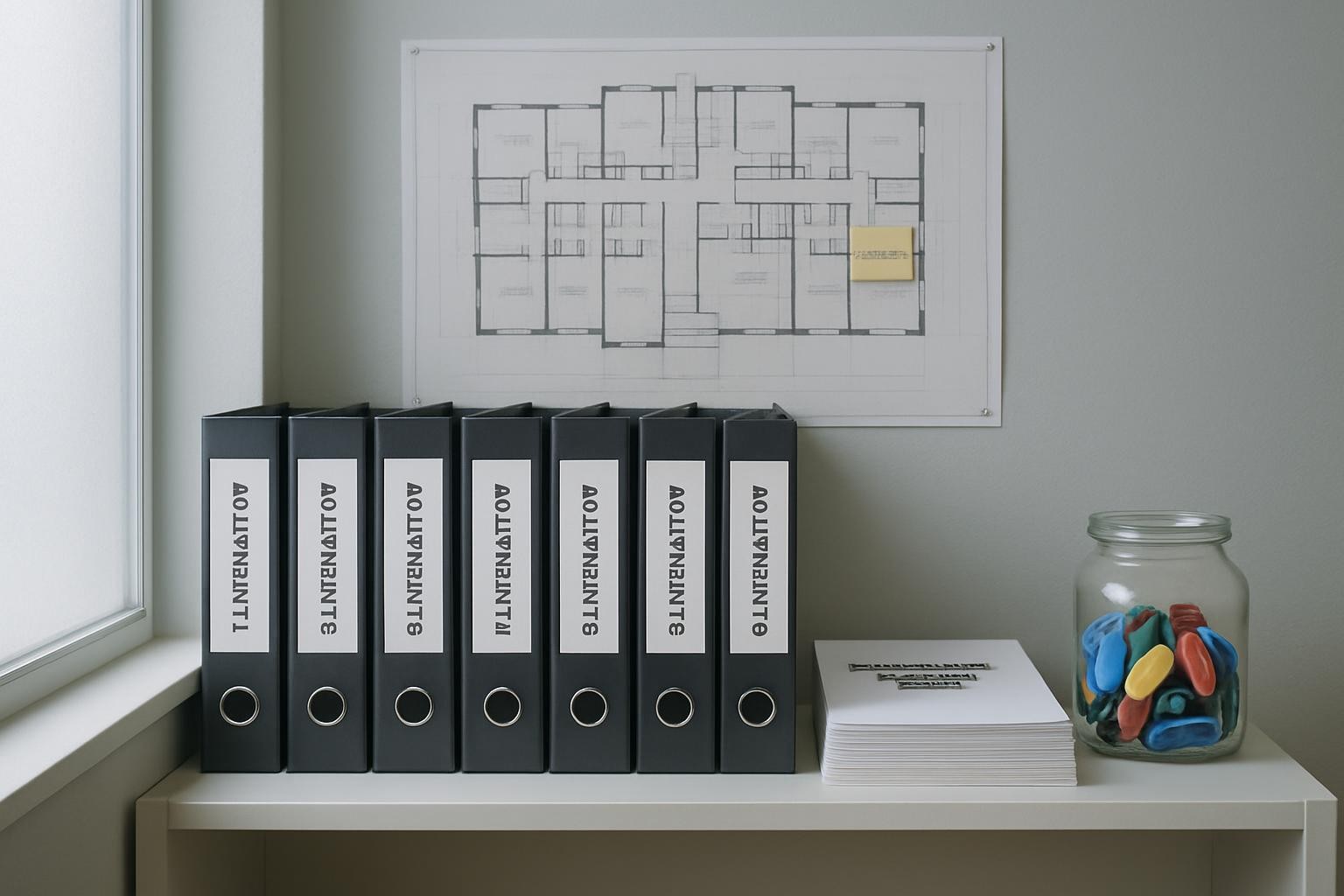 A clean, organized shelf in a small property management office displaying labeled binders for each apartment, a stack of neatly arranged maintenance request forms, and a clear jar of color-coded key tags. A large, detailed blueprint of an apartment building hangs on the wall behind, with a discreet sticky note marking a renovated unit. Cool, diffused overcast light from a frosted window to the side creates soft, even illumination, emphasizing the textured paper and matte binder covers. Photographic realism, captured straight-on at eye level with sharp focus across the frame, presenting a calm, methodical, and highly professional atmosphere ideal for illustrating structured rental administration processes.