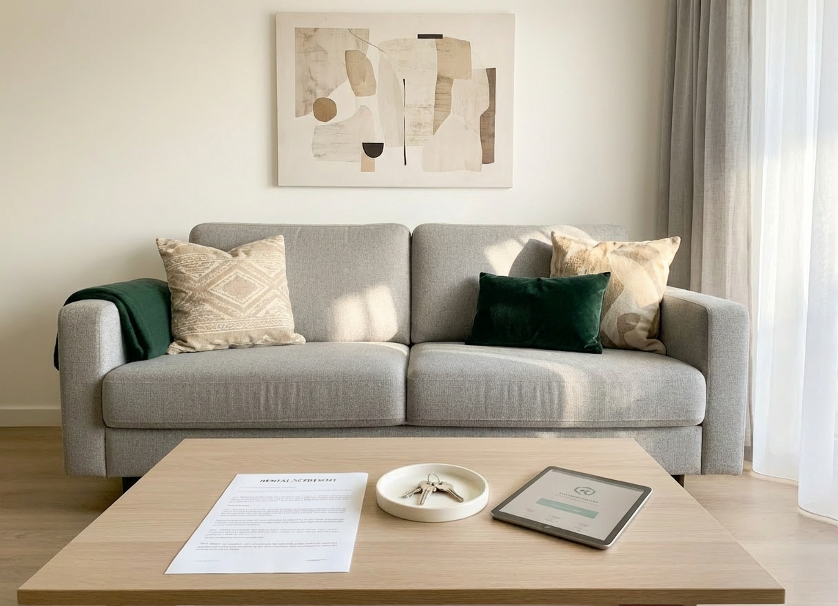 zarządzanie najmem A minimalist living room of a rental apartment prepared for new tenants, with a neutral gray sofa, a light oak coffee table, and a single, carefully placed dark green throw blanket. On the table lies a printed rental agreement, a set of shiny silver apartment keys on a small ceramic tray, and a tablet displaying a property management app. The space is flooded with soft afternoon light from an unseen balcony door, highlighting the textures of the fabric and wood while leaving the far wall slightly in shadow. Photographic realism, shot from a slightly elevated angle with balanced composition, conveys a sense of readiness, professionalism, and attention to detail in rental management.